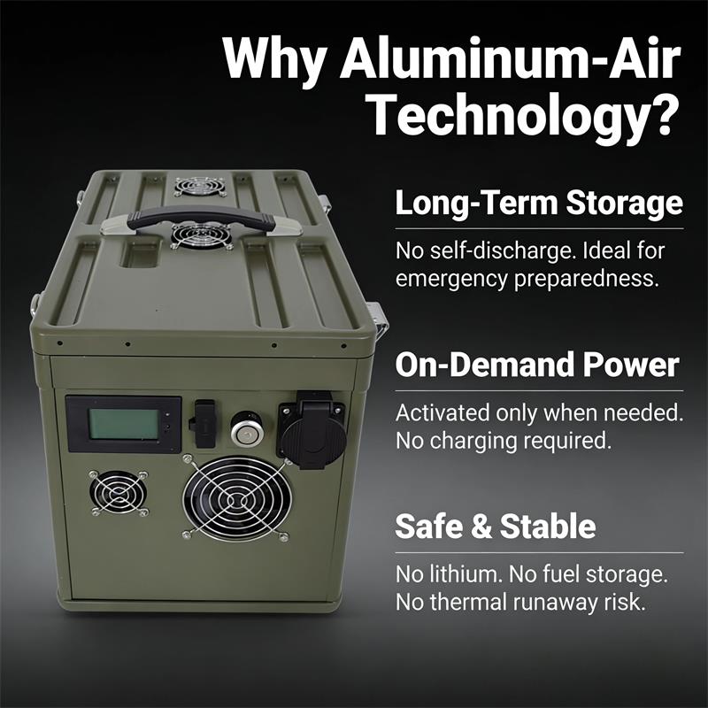 Benefits of Aluminum-Air technology: long-term storage, on-demand power, safe and stable.