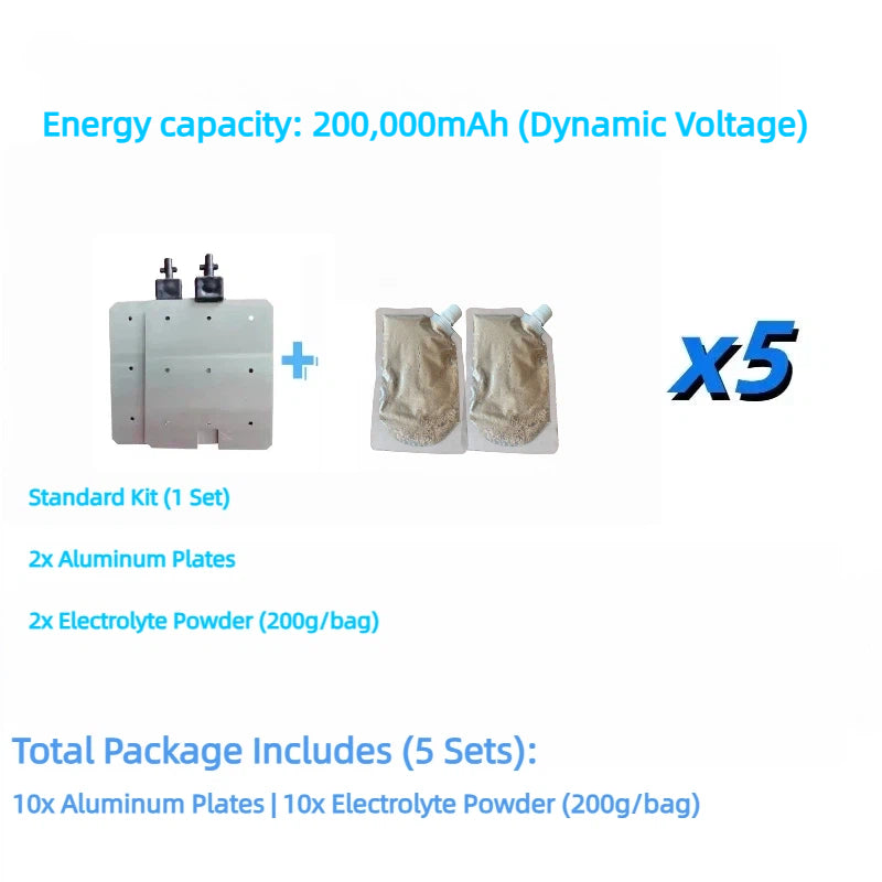 Standard aluminum-air battery kit for 200,000mAh dynamic voltage energy generation, includes 10 aluminum plates and 10 bags of 200g electrolyte powder (5 sets package).