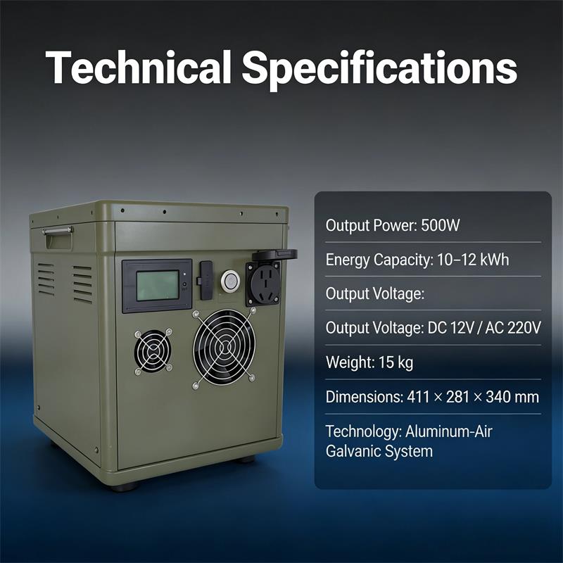 500W Aluminum-Air Emergency Power Station with 10–12 kWh capacity, DC 12V / AC 220V output.