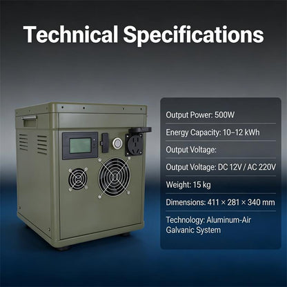 500W Aluminum-Air Emergency Power Station with 10–12 kWh capacity, DC 12V / AC 220V output.