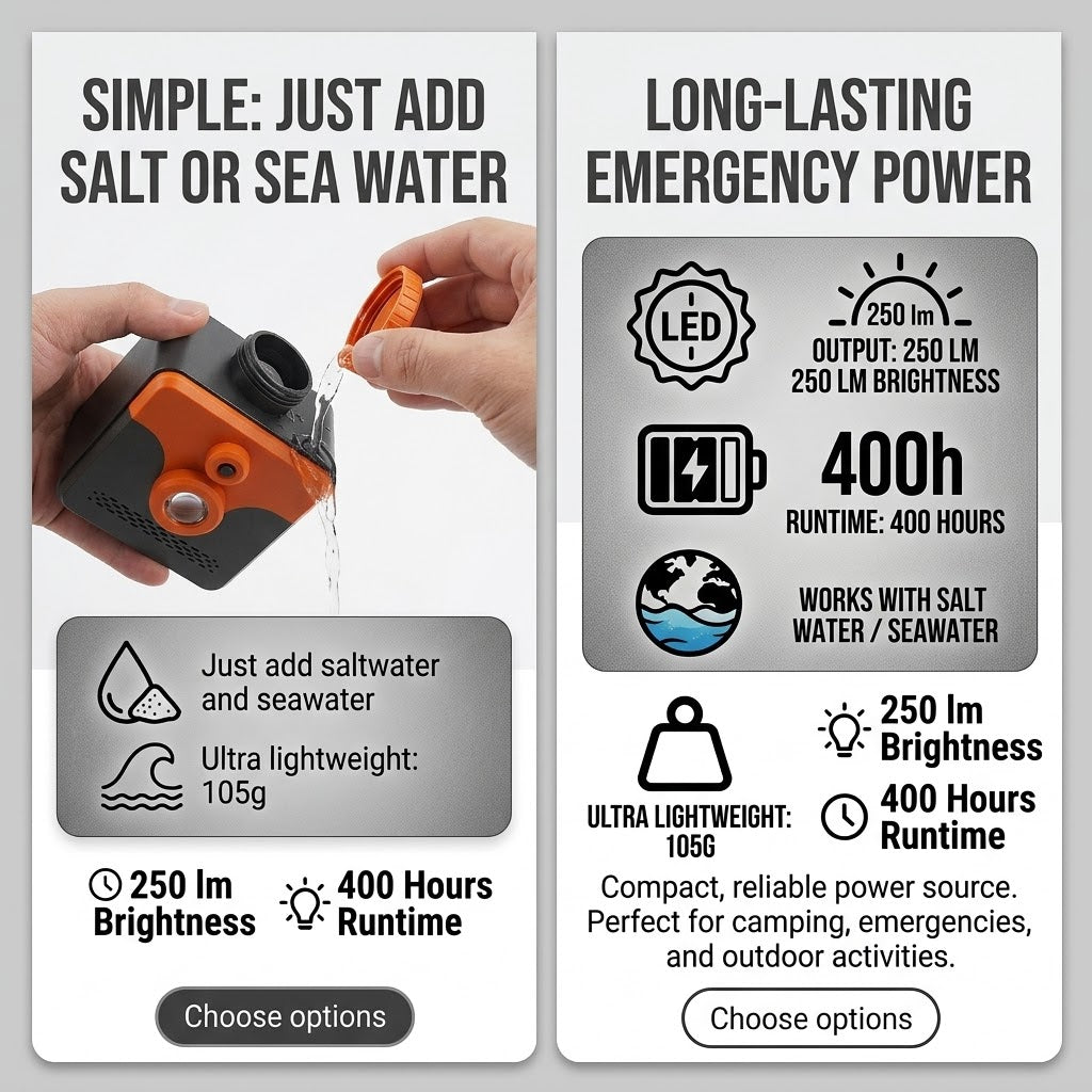 Saltwater Powered LED Emergency Lamp – 400H Runtime, 250 Lumens | Battery-Free & Seawater Activated