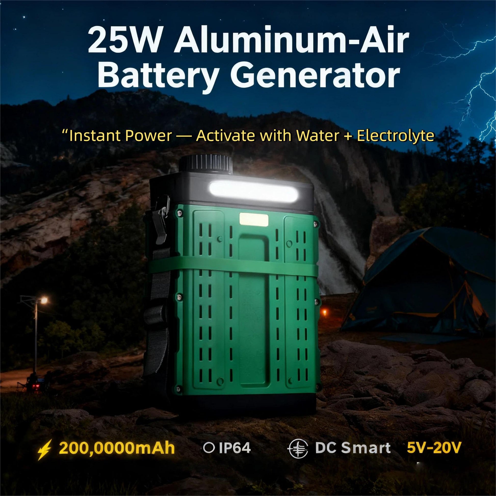 Aluminum-air battery generator showing 25W power and waterproof design with DC output ports