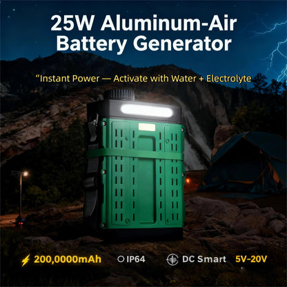 Aluminum-air battery generator showing 25W power and waterproof design with DC output ports
