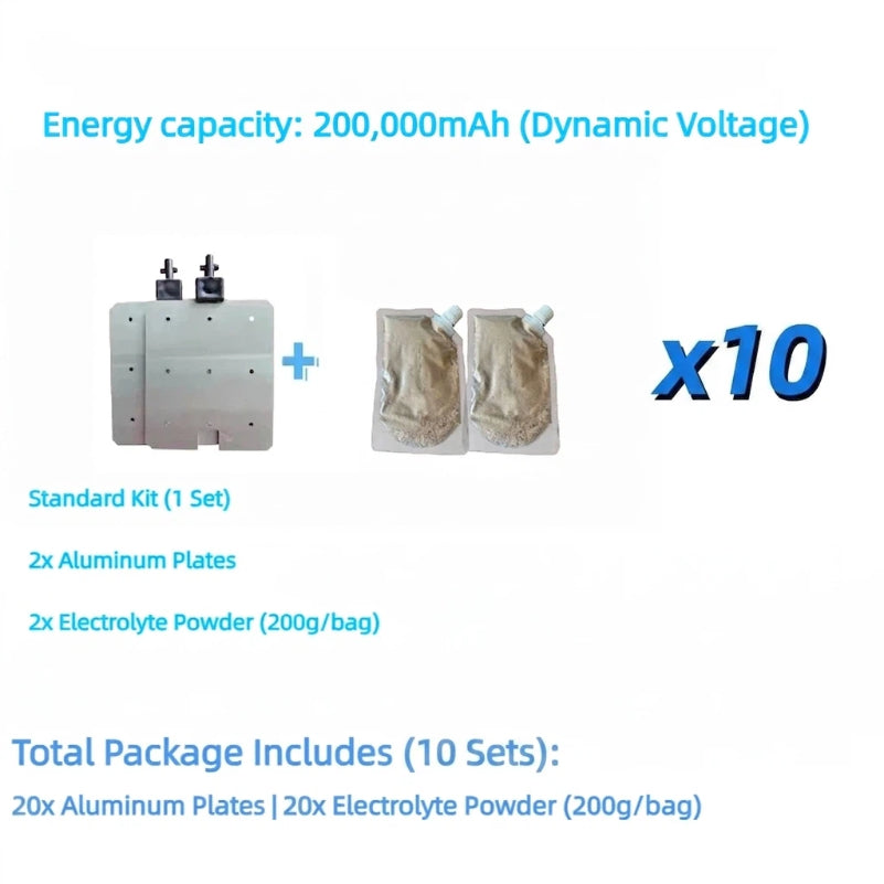 Bulk aluminum-air battery power kit, 10 sets bundle, 20 aluminum plates and 20 packs of 200g electrolyte powder, high capacity energy output for off-grid power solutions.