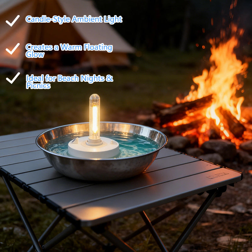 Floating water-powered lantern glowing in a metal bowl on a camping table with a bonfire and tent in the background.