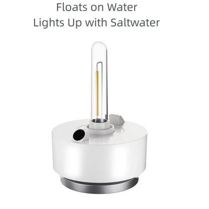 Minimalist white-background product photo of a floating water-powered light with clear tube LED and compact round base.