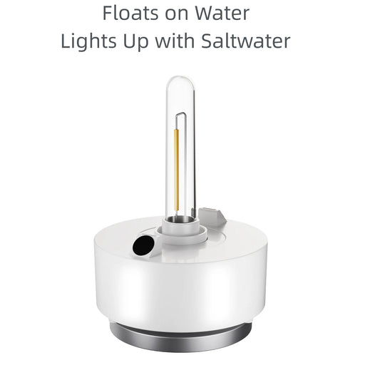 Minimalist white-background product photo of a floating water-powered light with clear tube LED and compact round base.