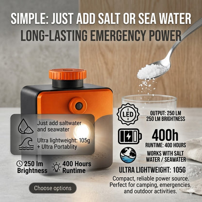 Saltwater Powered LED Emergency Lamp – 400H Runtime, 250 Lumens | Battery-Free & Seawater Activated