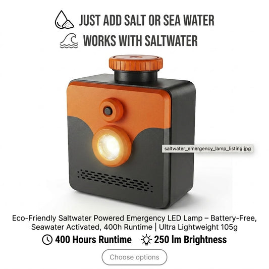 Saltwater Powered LED Emergency Lamp – 400H Runtime, 250 Lumens | Battery-Free & Seawater Activated