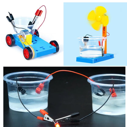 STEM science kit featuring salt water car, fan and LED light