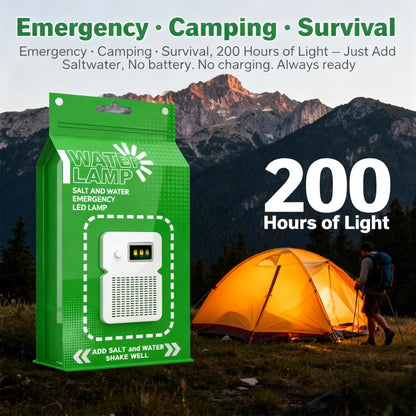 Saltwater-activated emergency light bag providing 200 hours of illumination without charging or batteries.