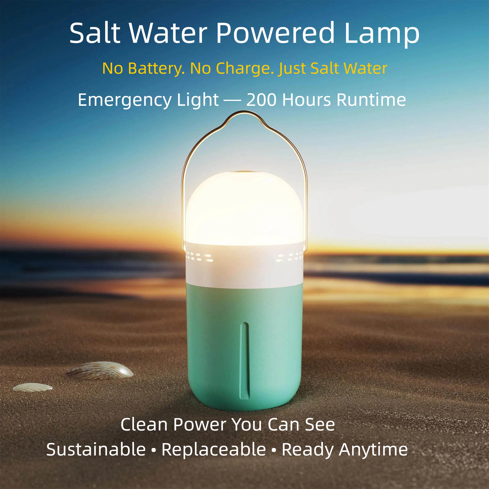 Saltwater-powered lamp providing 200 hours of lighting with replaceable aluminum plates (Model 09).