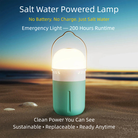 Saltwater-powered lamp providing 200 hours of lighting with replaceable aluminum plates (Model 09).