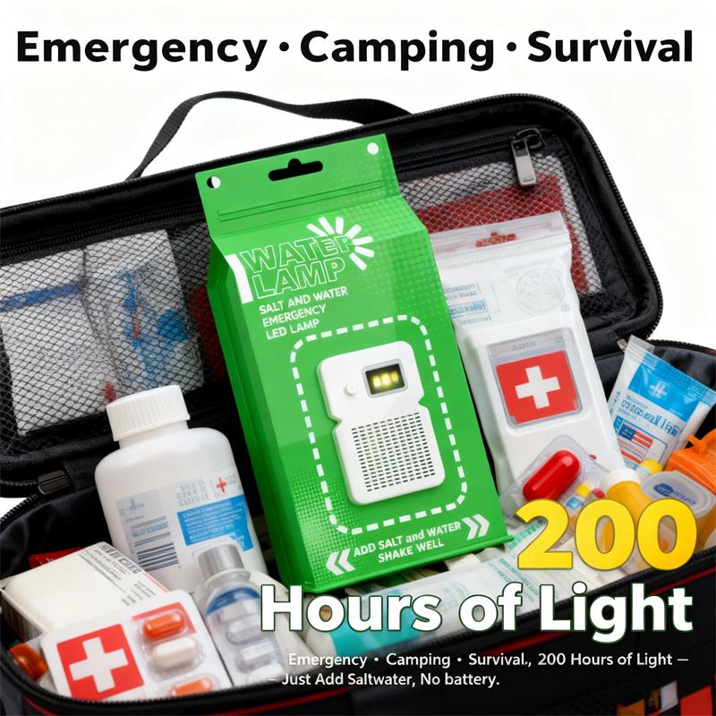 Saltwater-powered emergency light included in a survival preparedness kit for blackout, camping, or disaster use.